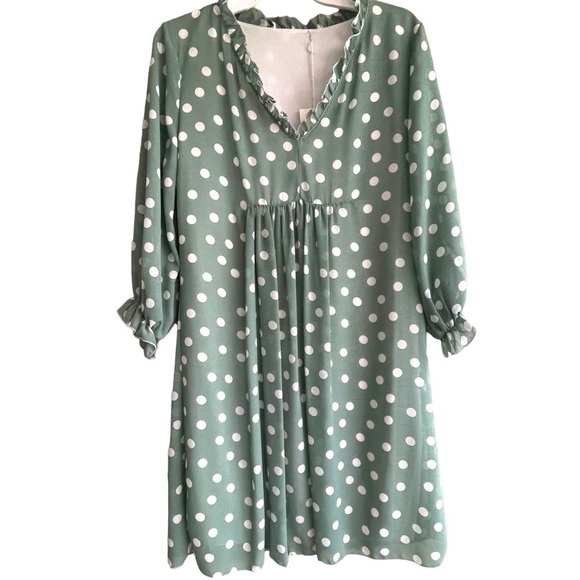 Cloe Dresses & Skirts - Cloe Italy Green Cream Polka Dot Chiffon Babydoll Ankle Dress NWT Mini